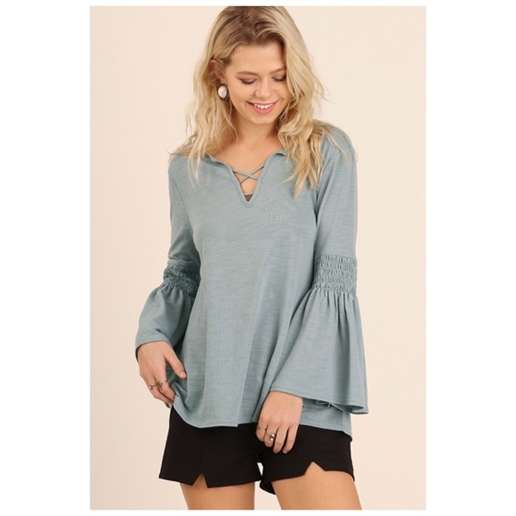 Tops - Blue Top with Bell Sleeves and Criss Cross S/M/L Tops - Blue Top with Bell Sleeves and Criss Cross S/M/L